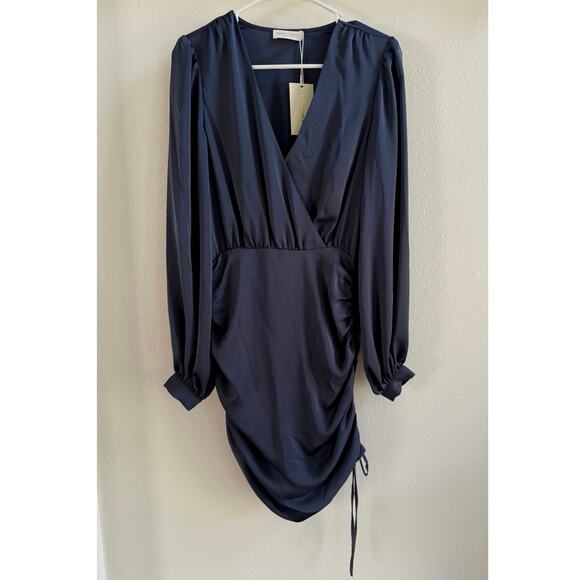 Ramy Brook NWT Foxy Blue Satin Ruched V-Neck Mini Dress Long Sleeve Size 2 - Picture 4 of 13